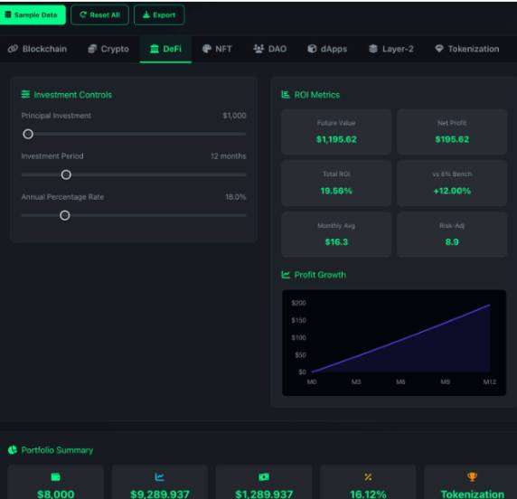 Decentralized Finance (Defi) Empire Calculator Tool Diagram showing the 7 pillars of the Web3 Ecosystem. Web3 Empire Calculator. The pillars are labeled with the post series titles: Crypto Asset ROI, Top 5 Blockchain Trends, Decentralized Asset ROI,