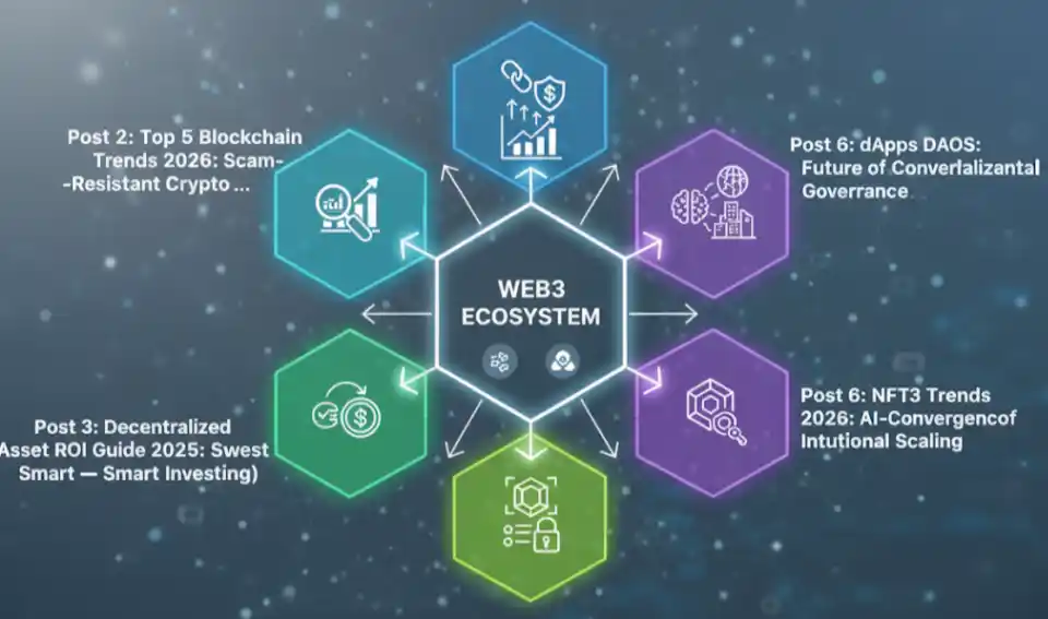 This Infographic Diagram of Top 5 of Blockchain Trends 2026 5 Dimension of Web3 Ecosystem Security Fortress – Un-Scammable Protocols 2026