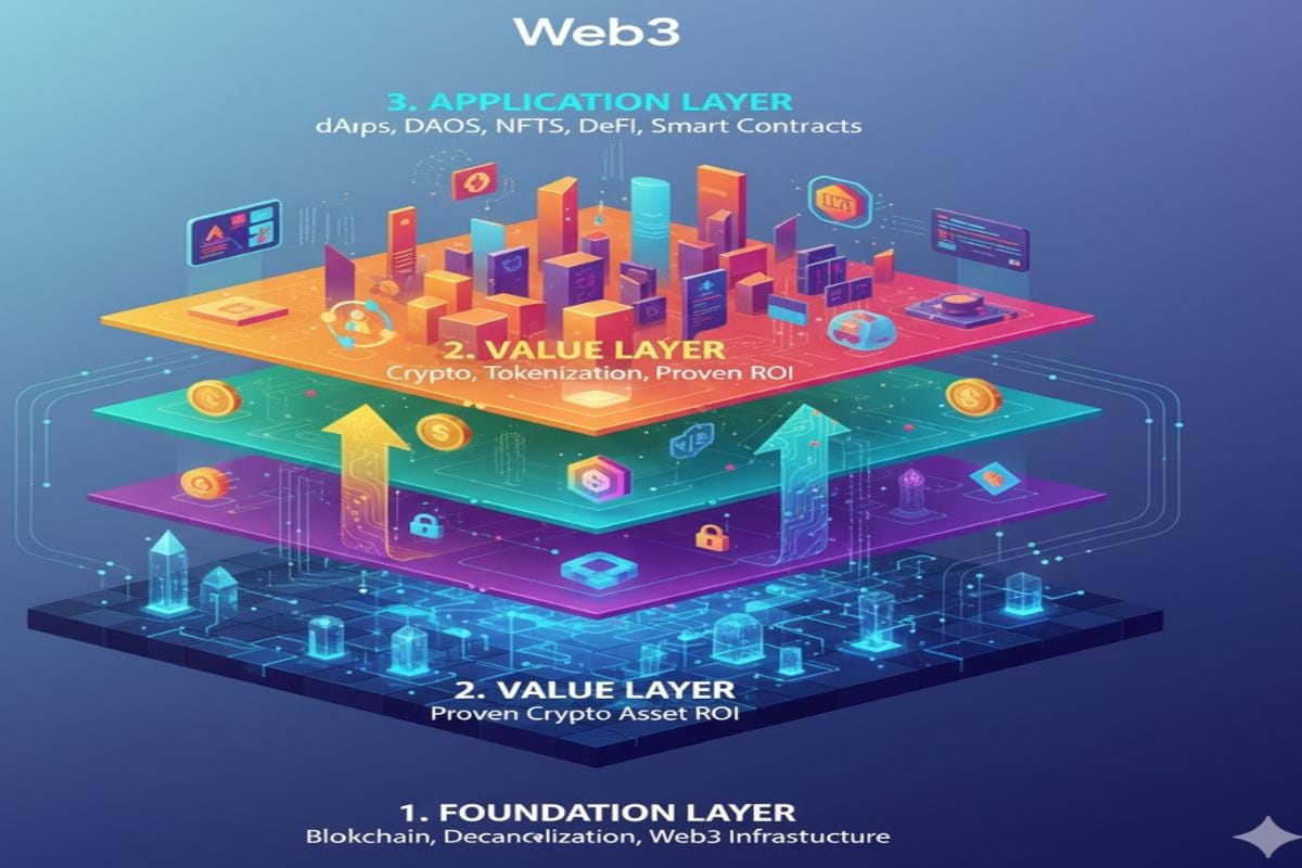 Infographic shows Mapping the Web3 Ecosystem 2026: Structural View Web3 Ecosystem: A 3-Layer Framework for Value, Utility, and Trust