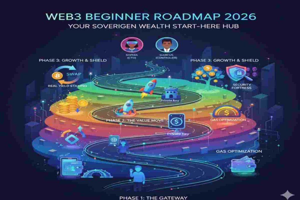 Infographic of the 2026 Web3 Ecosystem showing the 7 Pillars: Secure, Build, Own, Adopt, Move, Connect, and Legacy." The Image showing Web3 ecosystem Roadmap 2026