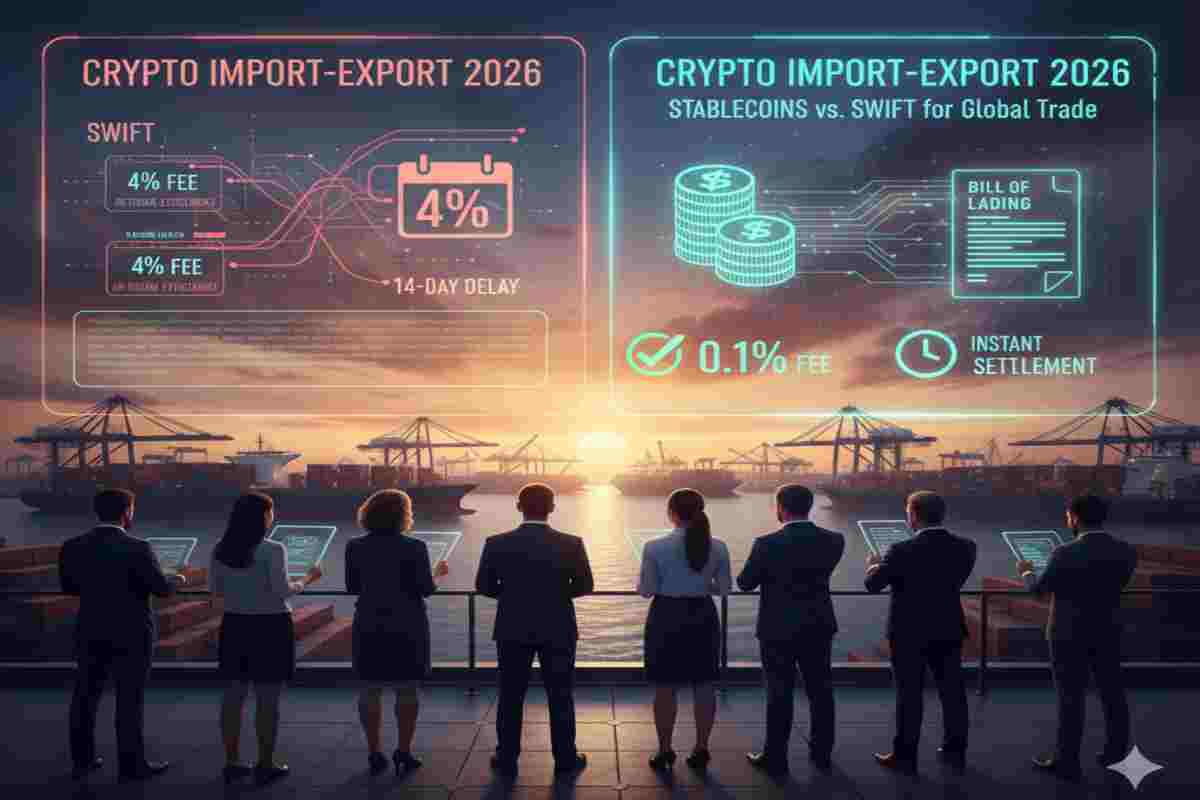 This Image shows Crypto Import-Export 2026 Stablecoins Vs. Swift for Global Trade