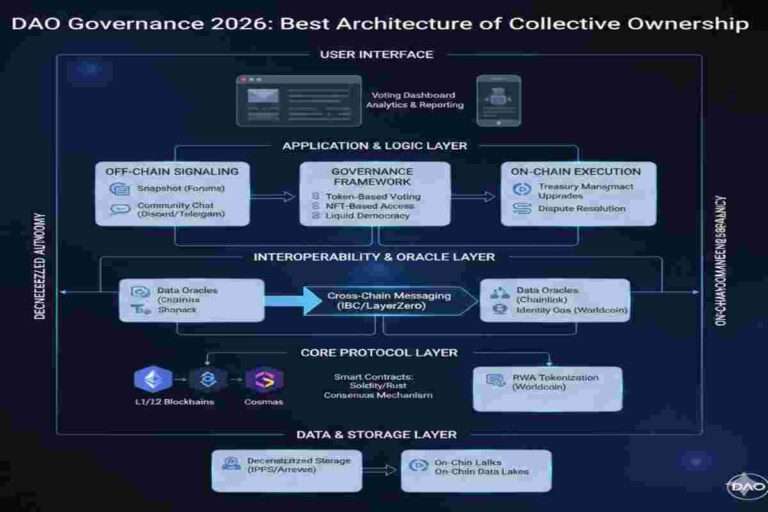 Infographic of DAO Governance 2026- Web3 ecosystem structured