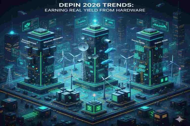 Image shows futuristic Web3 DePIN 2026 environment with AI compute hardware, wireless infrastructure, and decentralized energy grids