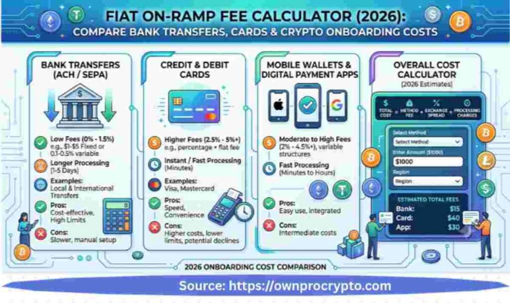 Fiat On-Ramp Fee Calculator (2026) explained Compare Bank Transfers, Cards & Crypto Onboarding Costs