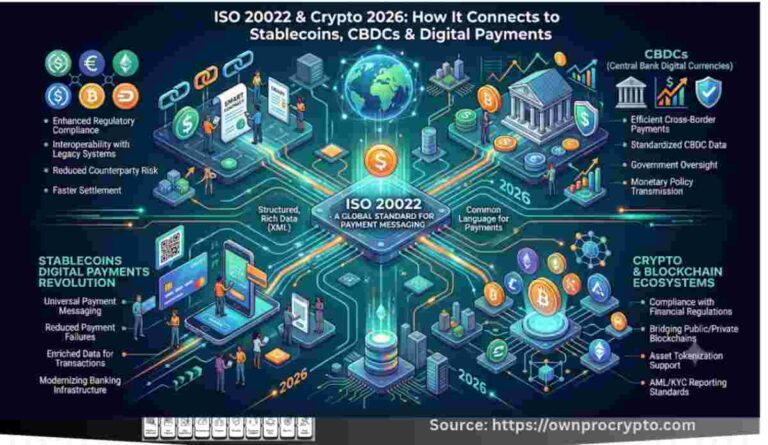 Infographic of ISO 20022 & Crypto 2026: How It Connects to Stablecoins, CBDCs & Digital Payments