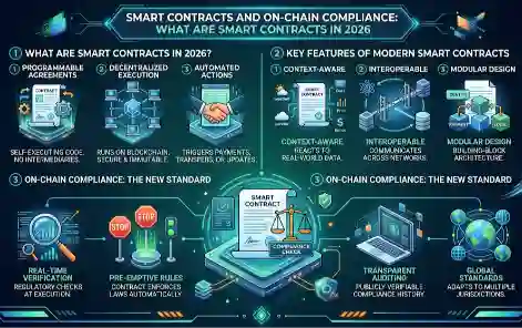 Infographic of Smart Contracts and On-Chain Compliance explained What Are Smart Contract Will in 2026