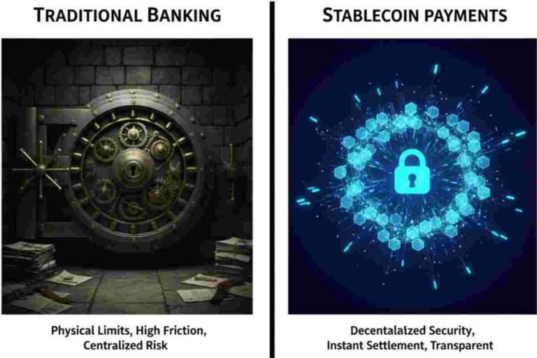 This infographic shows stablecoin payments Vs. traditional banking in 2026