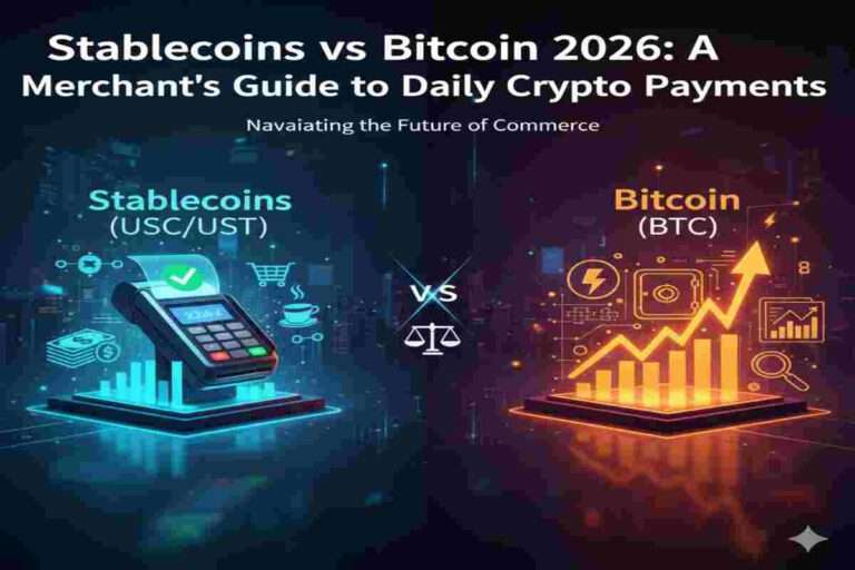 This Infographic Image shows Stablecoins vs Bitcoin 2026: A Merchant’s Guide to Daily Crypto Payments