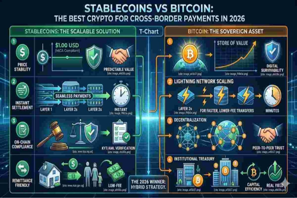 Infographic of Stablecoins vs Bitcoin- The Best Crypto for Cross-Border Payments in 2026