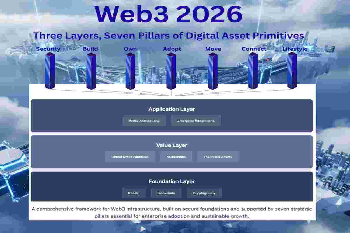 Infographic: blockchain primitives explained & 3-Layer Web3 Architecture The Ecosystem (2026) featuring Bitcoin, Blockchain, and Cryptography with the Seven Strategic Pillars.