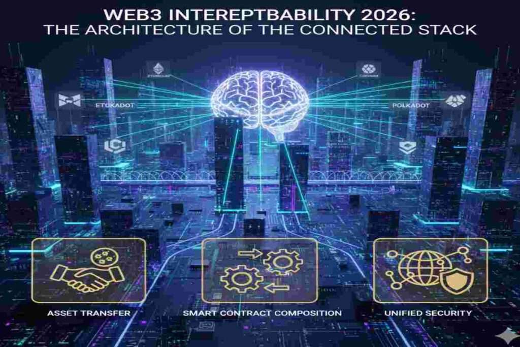 Infographic of Web3 Interoperability 2026: The Connected Stack Architecture featuring Chain Abstraction, Intent-Centric Design, and Modular Scaling layers..