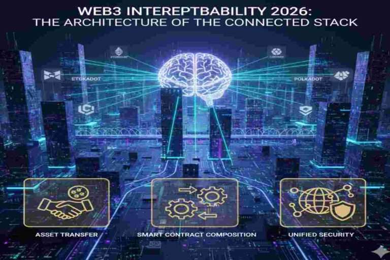Infographic of Web3 Interoperability 2026: The Connected Stack Architecture featuring Chain Abstraction, Intent-Centric Design, and Modular Scaling layers..