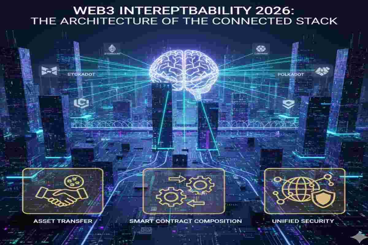 Infographic of Web3 Interoperability 2026: The Connected Stack Architecture featuring Chain Abstraction, Intent-Centric Design, and Modular Scaling layers..