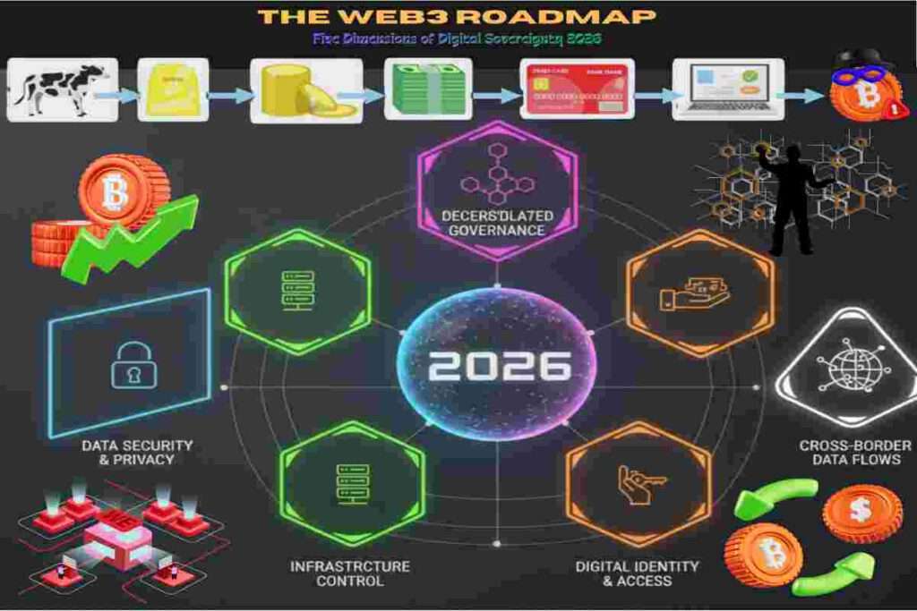 This infographic of Web3 Roadmap Blockchain & Web3 Explained: Bitcoin, Ethereum, & Decentralized Internet in 2026