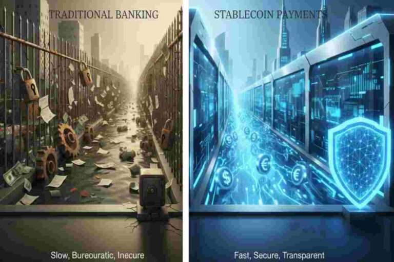 This infographic shows stablecoin payments safer than traditional banking in 2026