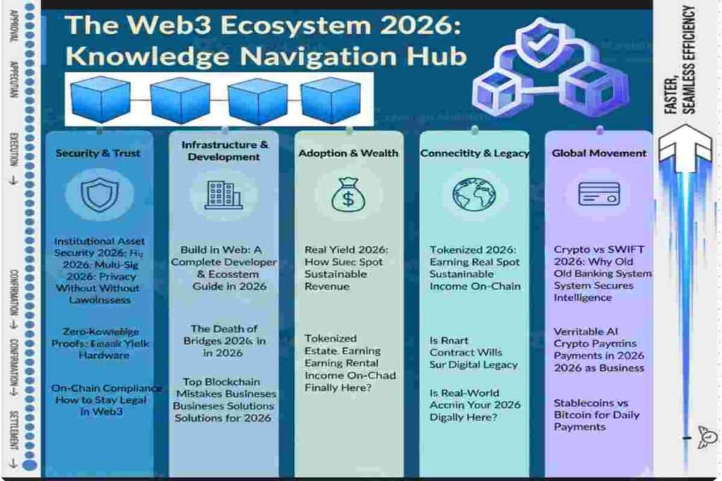 Detailed Infographic of Web3 Ecosystem Architecture 2026: A complete roadmap of Institutional Adoption, AI Agents, RWA Tokenization, and Digital Sovereignty systems.