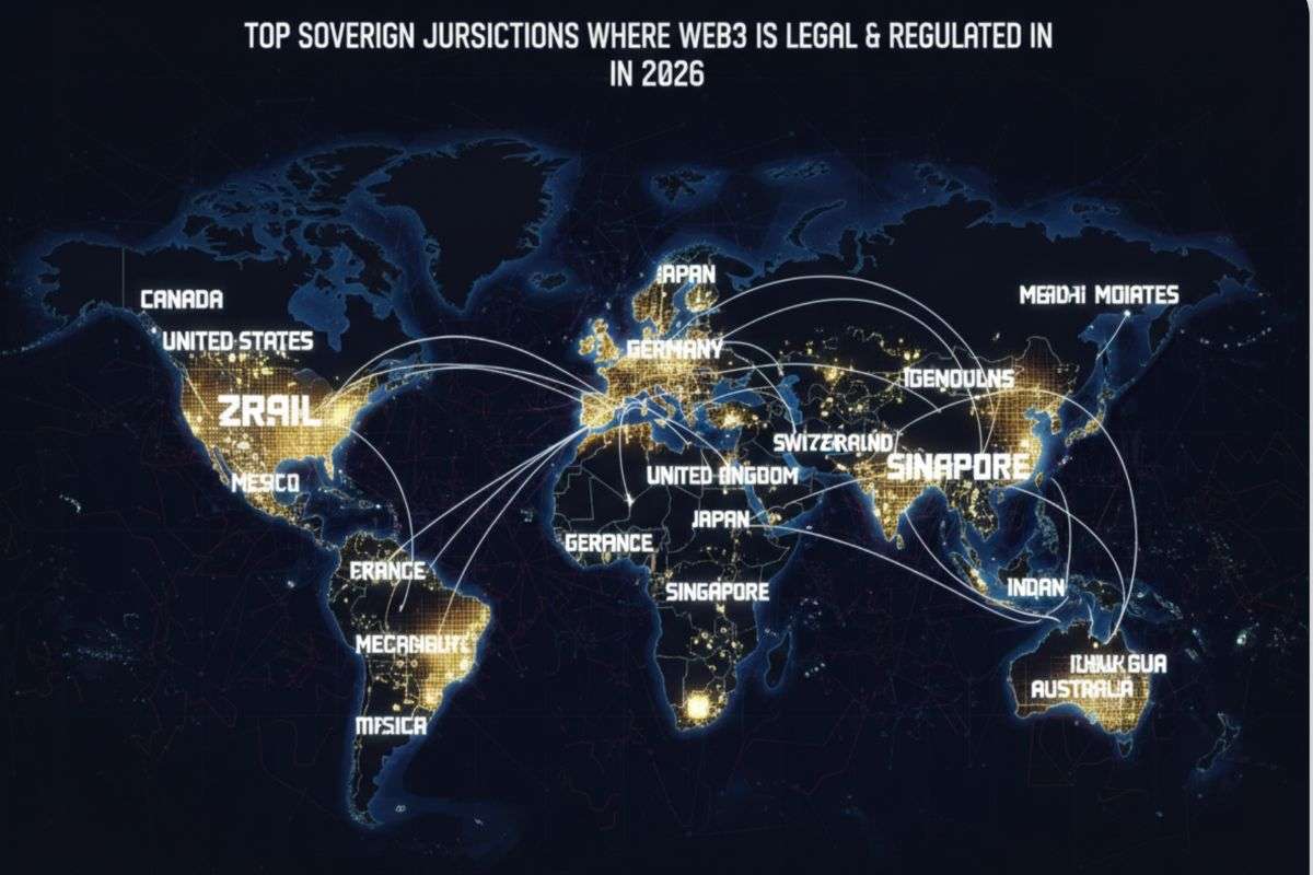 This infographic image of Top Sovereign Jurisdictions: Where Web3 is Legal & Regulated in 2026
