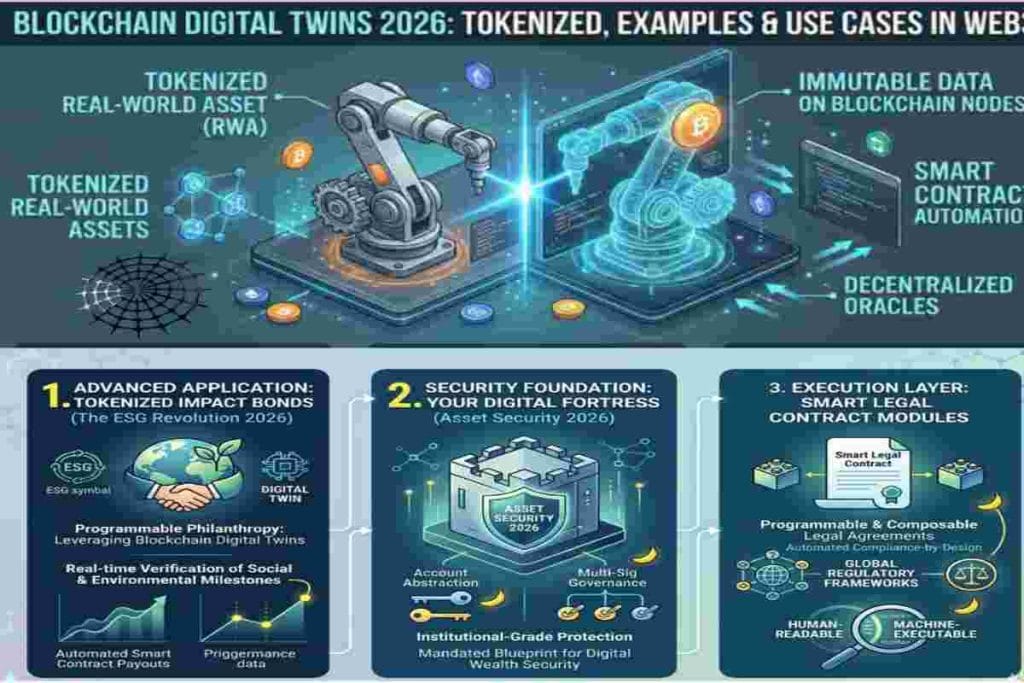 Infographic of Blockchain Digital Twins 2026 Showing Advanced Application like : The ESG Revolution: Tokenized Impact Bonds in 2026 - Security Foundation: Asset Security 2026 & Your Digital Fortress Execution Layer - Smart Legal Contract Modules