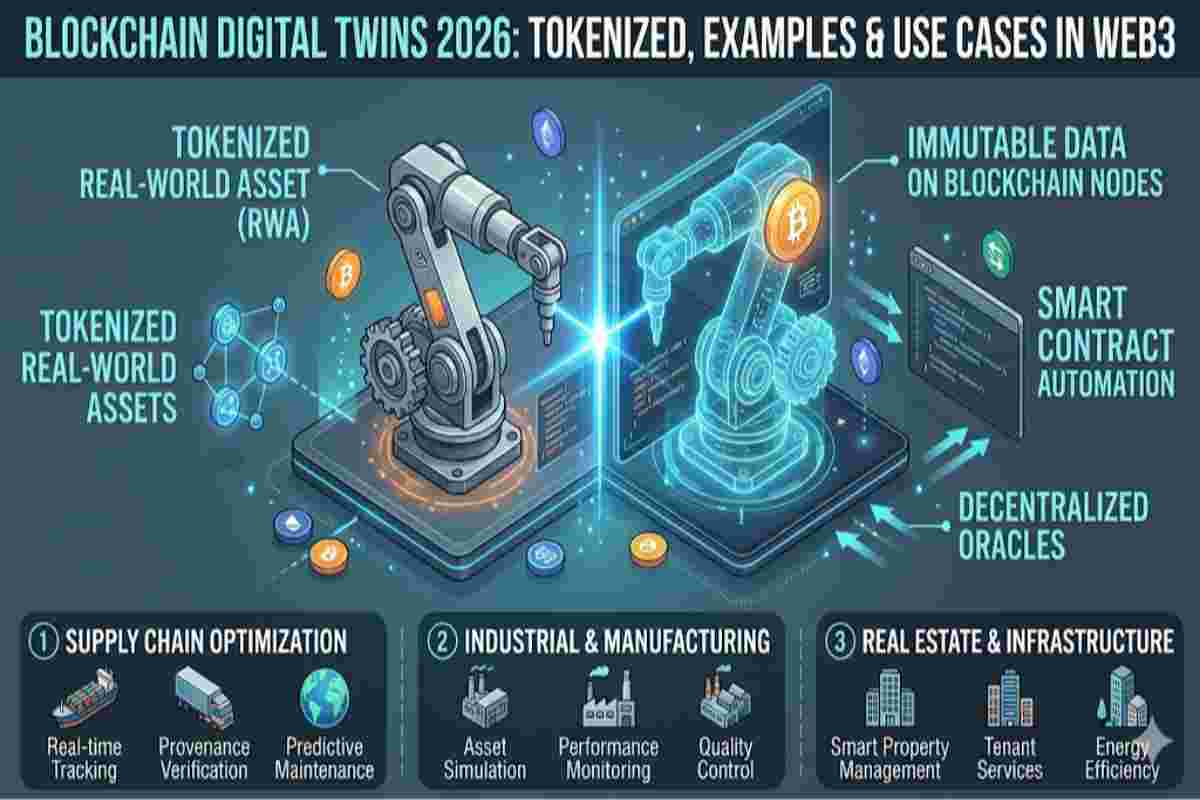 Infographic of Blockchain Digital Twins 2026 showing Tokenized, Examples & Use Case in Web3