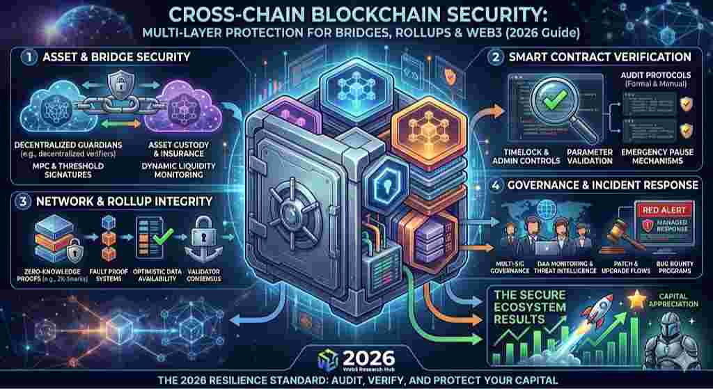Infographic of Cross-Chain Blockchain Security explained Multi-Layer Protection for Bridges, Rollups & Web3 (2026 Guide)
