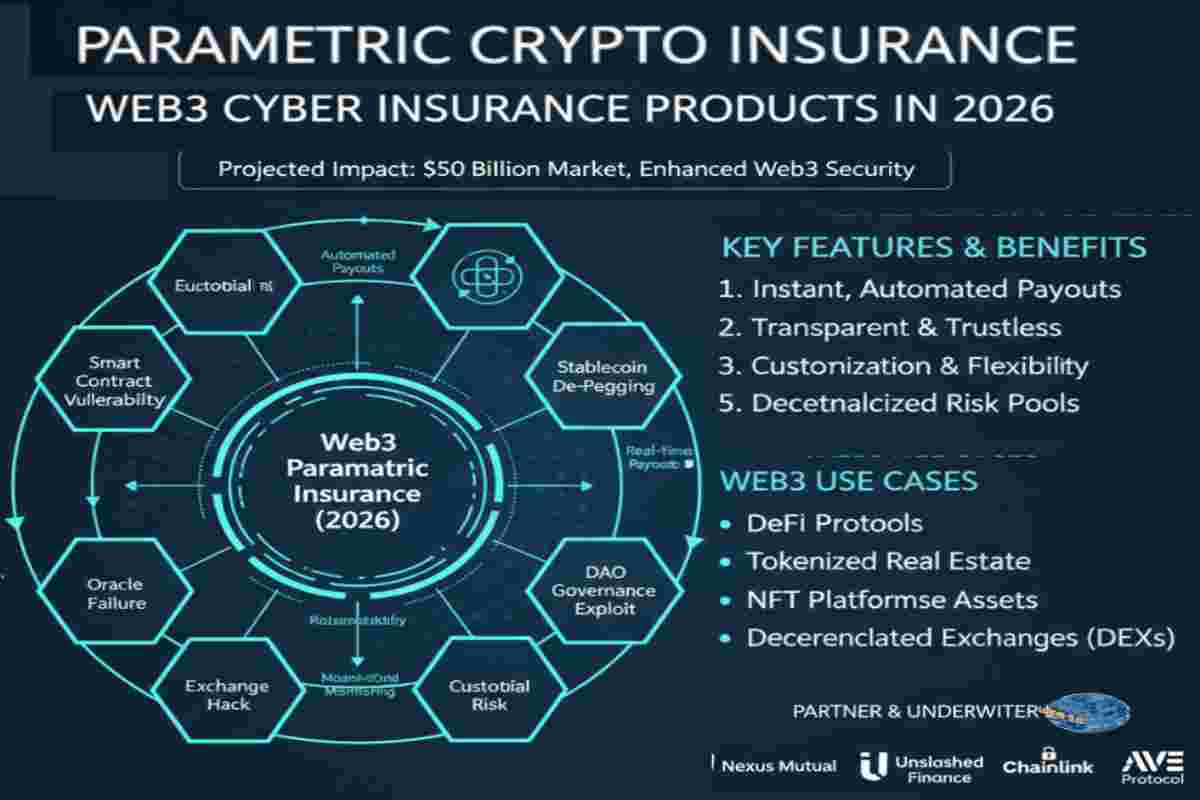 This infographic of Parametric Crypto Insurance showing : Web3 Cyber Insurance Products in 2026