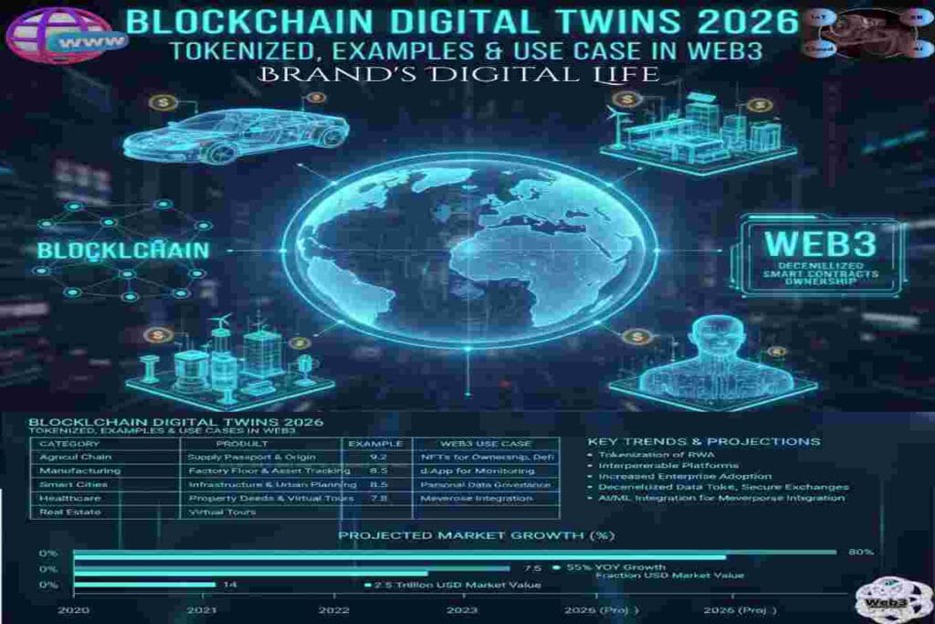 Infographic of Blockchain Digital Twins showing Tokenized, Examples & Diagrams Use Case in Web3