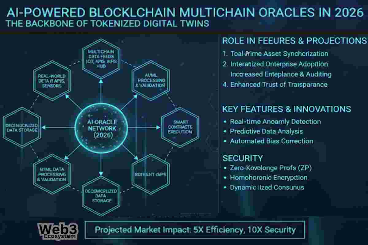 This infographic of Blockchain Oracles Explained , where AI-Powered Multichain Oracles showing The Backbone of Tokenized Digital Twins