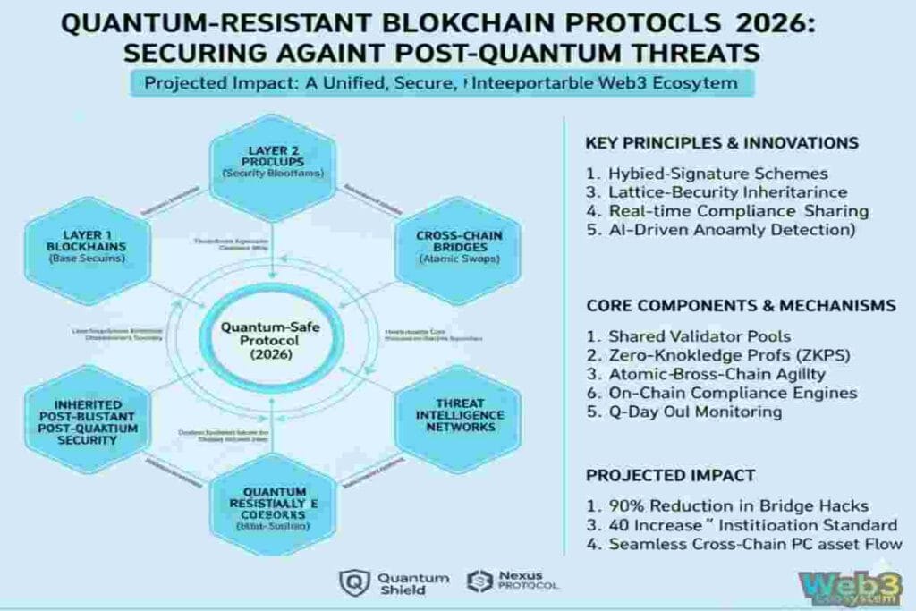 Infographic of Quantum Resistant Blockchain Protocols 2026 showing Securing Web3 Against Post-Quantum Threats