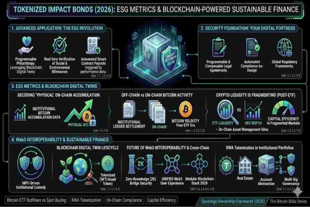 Infographic of Tokenized Impact Bonds 2026 exploring ESG Metrics and Blockchain-Powered Sustainable Finance
