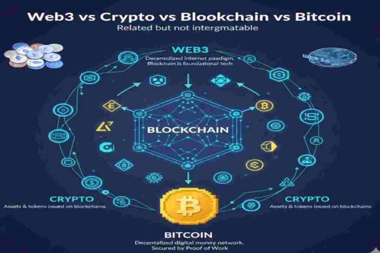 This Infographic of Web3 vs Crypto vs Blockchain vs Bitcoin Explaining in 2026. These items are related but not interchangeable