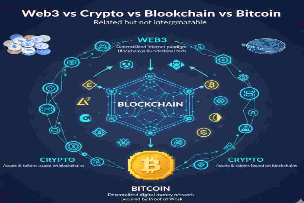 This Infographic of Web3 vs Crypto vs Blockchain vs Bitcoin Explaining in 2026. These items are related but not interchangeable