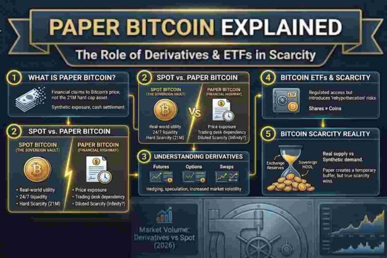 Infographic of Paper Bitcoin A Strategic comparison chart of Spot vs Paper Bitcoin in 2026 exploring 24/7 Crypto Liquidity Vacuum Strategy Explained, sovereign ownership, and scarcity scores for long-term investors in 2026.