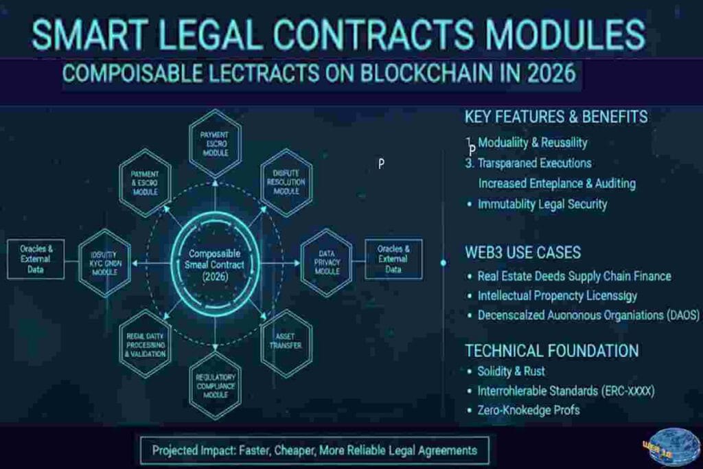 This infographic of Smart Legal Contract Modules showing Composable Legal Contracts on Blockchain in 2026