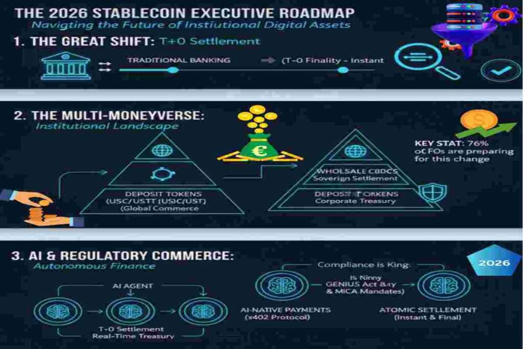 This Infographic of Stablecoin Payments 2026 Executive Roadmap shows The Great Shift from Traditional Banking to Finality Top: 'Wholesale CBDCs', Middle: 'Deposit Tokens', Base: 'Regulated Stablecoins, The Multi Money-verse of Deposit Tokens, USC/USTT & Protocol' and 'GENIUS Act & MiCA Mandates