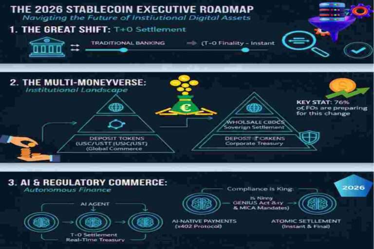 This Infographic of Stablecoin Payments 2026 Executive Roadmap shows The Great Shift from Traditional Banking to Finality Top: 'Wholesale CBDCs', Middle: 'Deposit Tokens', Base: 'Regulated Stablecoins, The Multi Money-verse of Deposit Tokens, USC/USTT & Protocol' and 'GENIUS Act & MiCA Mandates