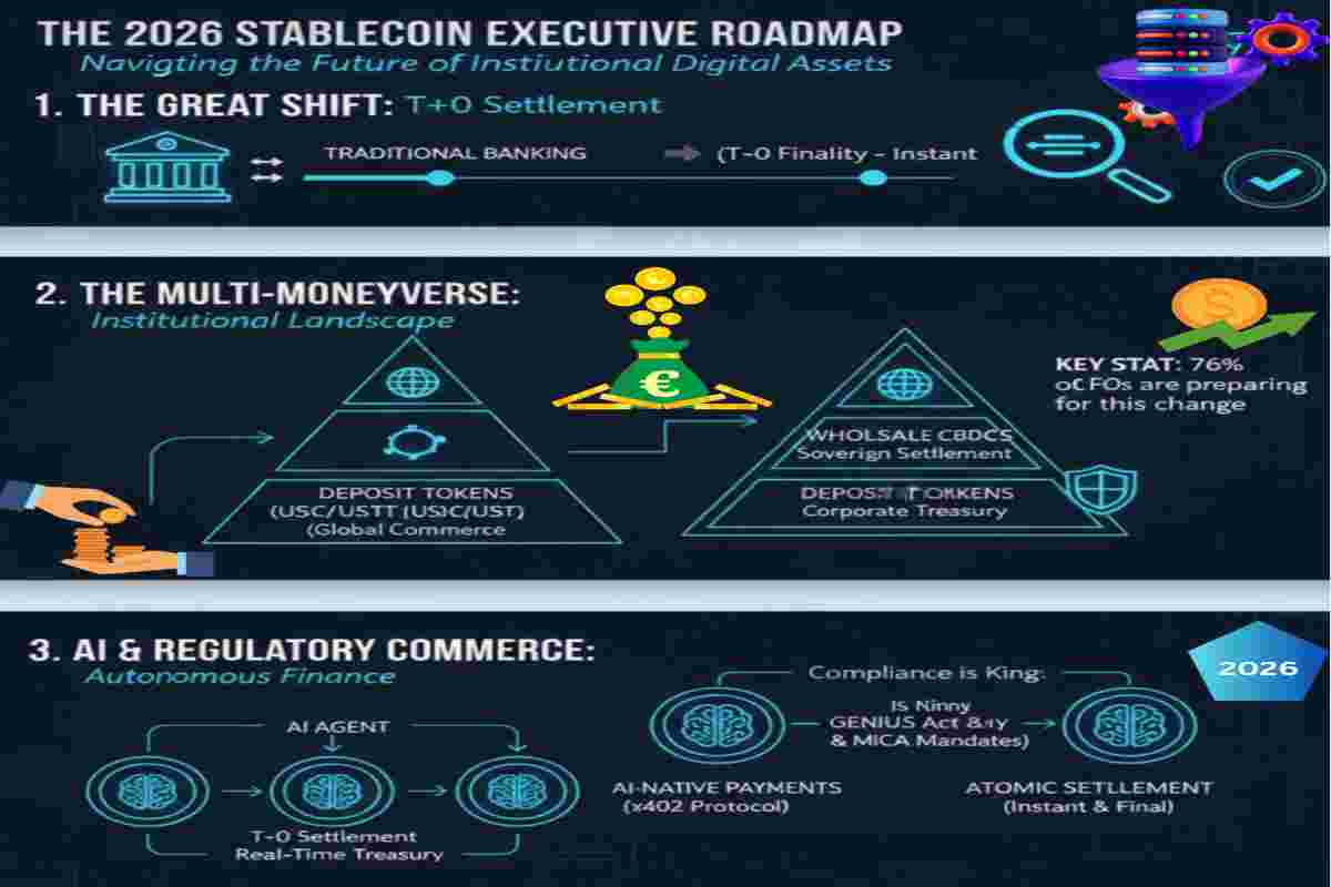 This Infographic of Stablecoin Payments 2026 Executive Roadmap shows The Great Shift from Traditional Banking to Finality Top: 'Wholesale CBDCs', Middle: 'Deposit Tokens', Base: 'Regulated Stablecoins, The Multi Money-verse of Deposit Tokens, USC/USTT & Protocol' and 'GENIUS Act & MiCA Mandates