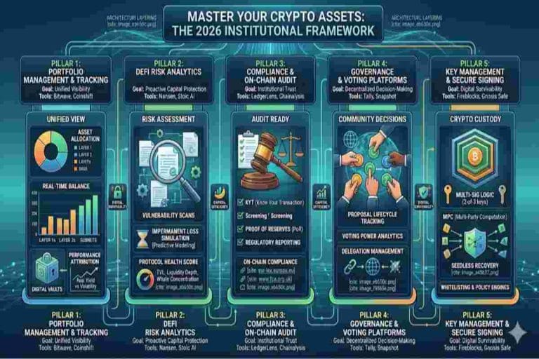 infographic of Essential 5 Web3 Tools for Risk, Portfolio, and Audit Management (2026)