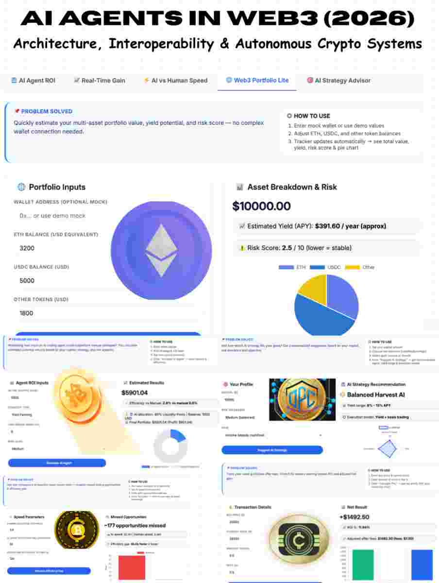 Infographic of AI Crypto Portfolio Tool Explaining AI Agents in Web3 (2026) one of the best Architecture, Interoperability & Autonomous Crypto Systems for AI Crypto Portfolio Tool