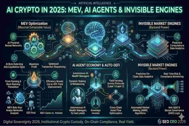 Infographic of Artificial Intelligence Crypto in 2025 explained MEV, AI Agents & the Invisible Engines Powering the Market