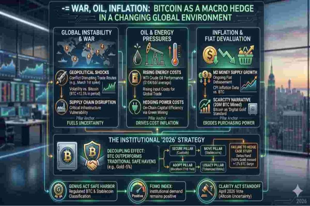 Infographic of Bitcoin as a Macro Hedge explaining Bitcoin as a Macro Hedge in 2026