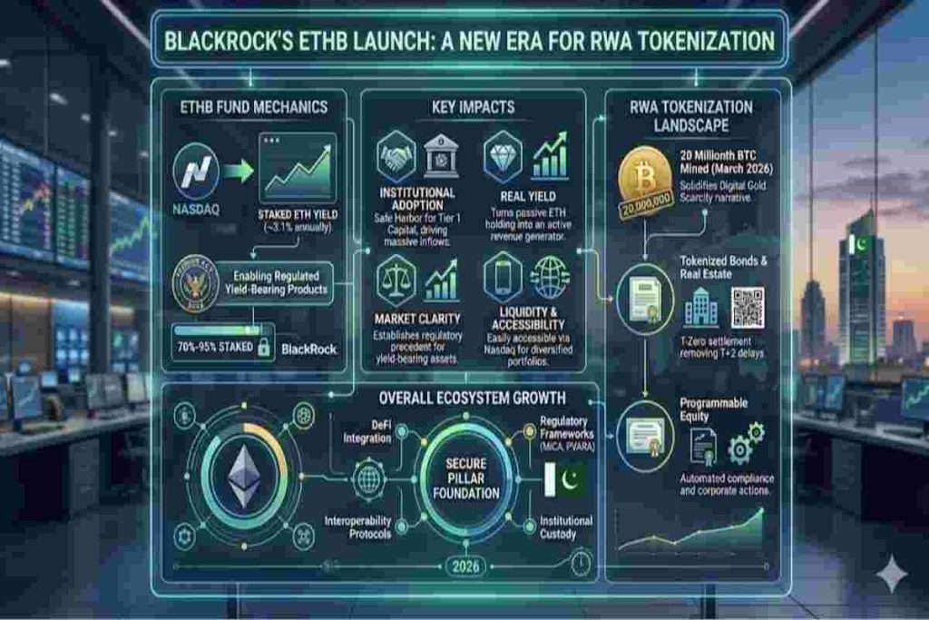 infographic of Discover how BlackRock’s ETHB Launch on Nasdaq transforms Ethereum into a productive asset. Learn about the GENIUS Act 2026, Institutional Real Yield, and the Coinbase Prime Staking Infrastructure.