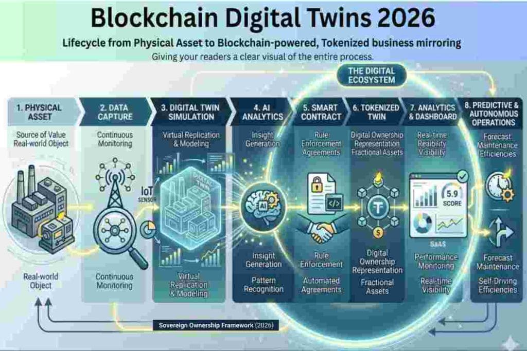 Infographic of Blockchain Digital Twins Lifecycle from Physical Asset to Blockchain-powered, Tokenized business mirroring