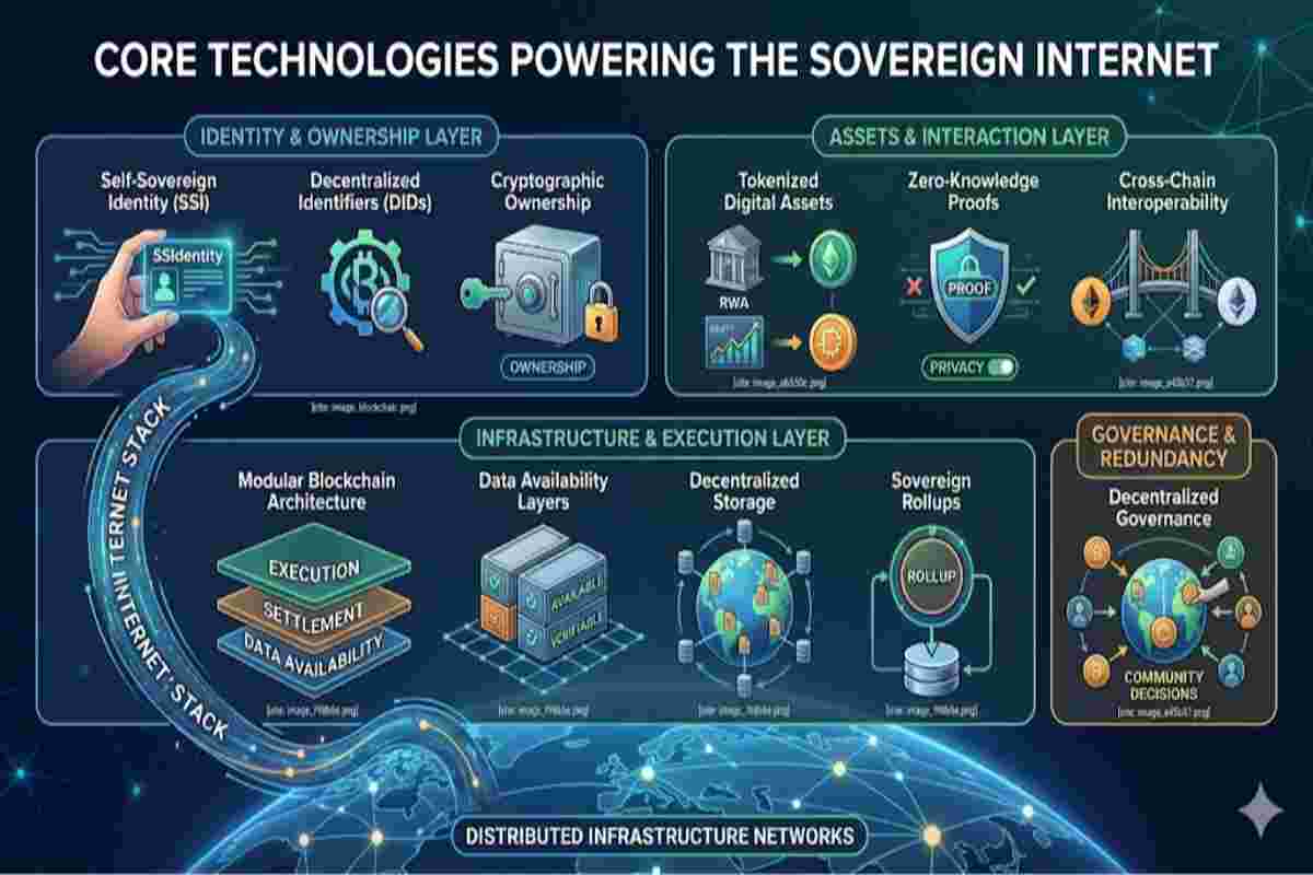This infographic image of Core Technologies powering the Sovereign Internet (2026)