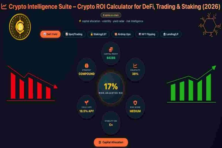 Infographic of Crypto Intelligence Suite – AI Crypto ROI Calculator for DeFi, Trading & Staking (2026)