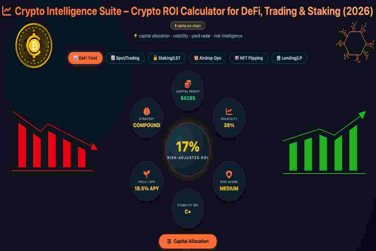 Infographic of Crypto Intelligence Suite – AI Crypto ROI Calculator for DeFi, Trading & Staking (2026)