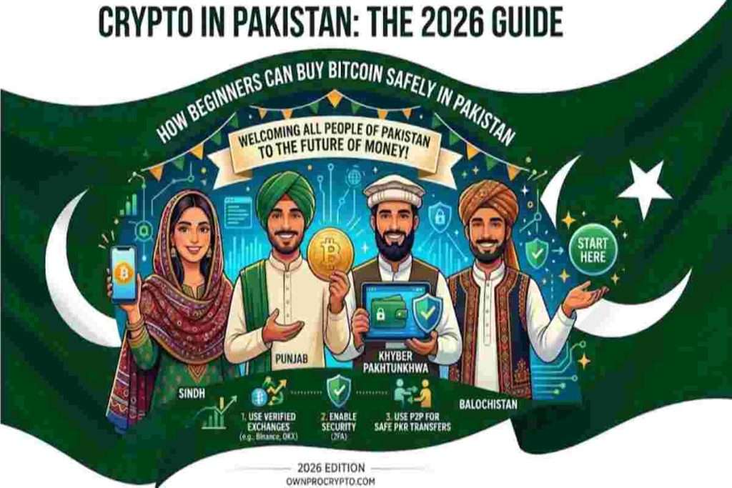 This Beautiful Infographic image of Crypto in Pakistan Explained How Beginners Can Buy Bitcoin Safely in Pakistan (2026 Guide)