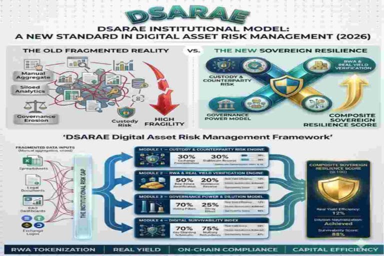 Infographic of DSARAE Institutional Model for Sovereign Resilience shows Digital Asset Risk Management Framework 2026