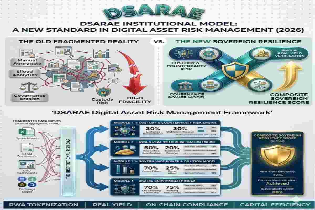 Infographic of DSARAE Institutional Model for Sovereign Resilience shows Digital Asset Risk Management Framework 2026