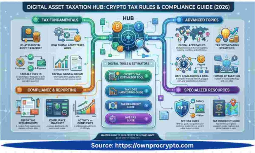 Infographic image of Digital Asset Taxation Hub Complete Crypto Tax Rules & Compliance Guide (2026)