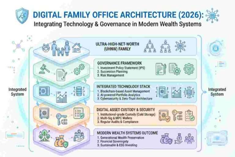 Infographic of Digital Family Office Architecture (2026) Exploring Integrating Technology & Governance in Modern Wealth Systems